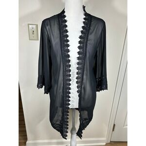 Aibrou Sheer Chiffon Cardigan Womens M Black Crochet Lace Trim Dark Fairycore